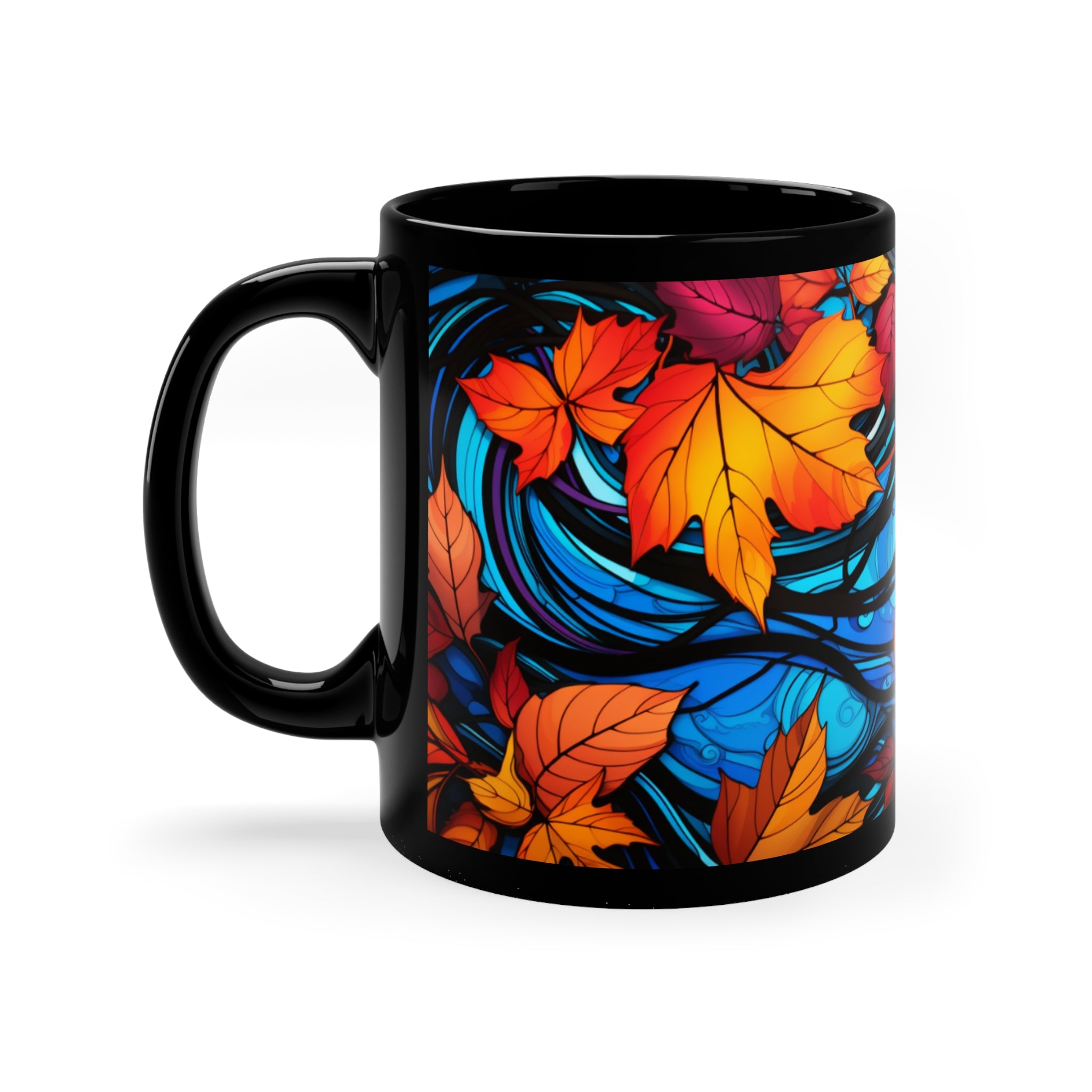 Neon Autumn Leaves Black Ceramic Mug / Teacup 11oz