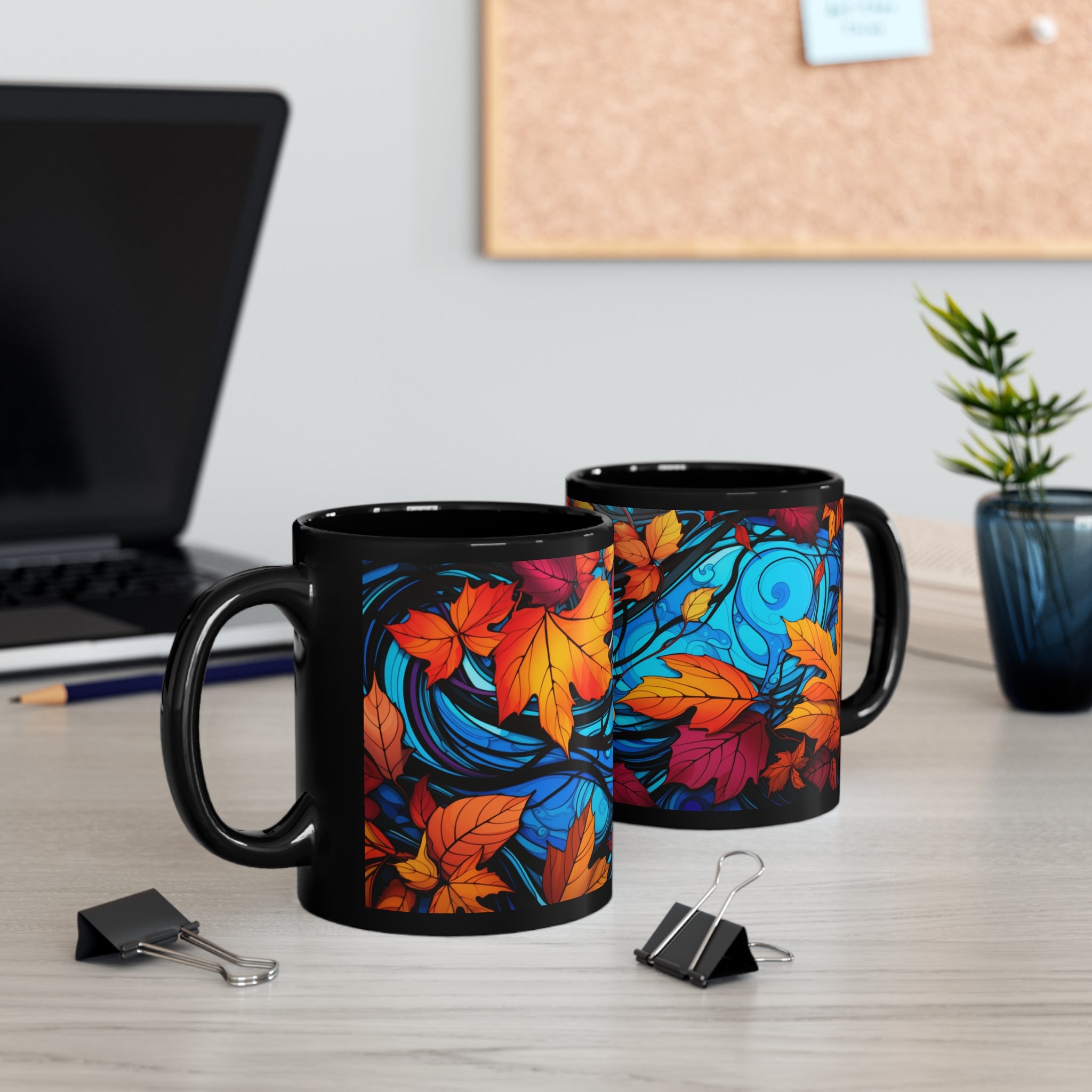 Neon Autumn Leaves Black Ceramic Mug / Teacup 11oz