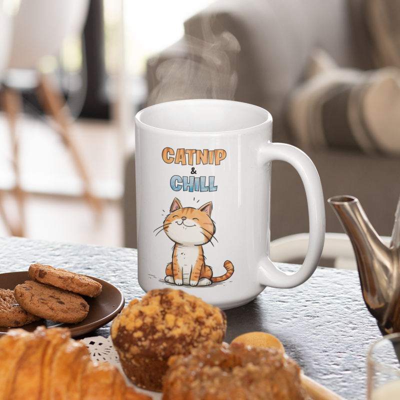 Cute Kitty "Catnip & Chill" Ceramic Mug 15oz