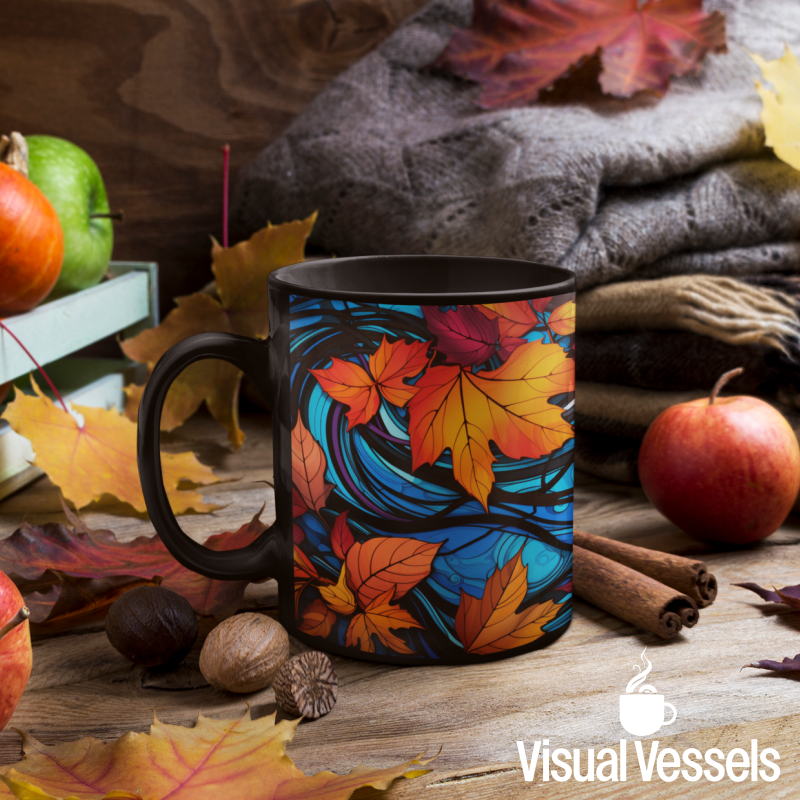 Neon Autumn Leaves Black Ceramic Mug / Teacup 11oz