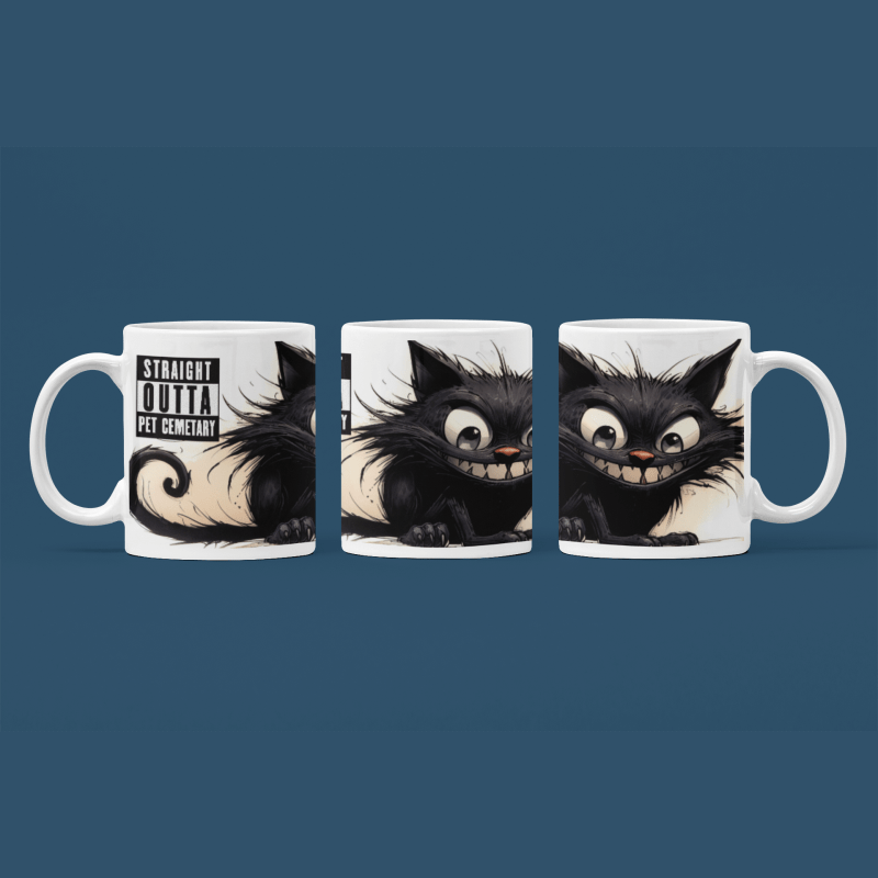 Printify Mug 11oz Black Cat "Straight Outta Pet Cemetary" Ceramic Mug / Teacup 11oz