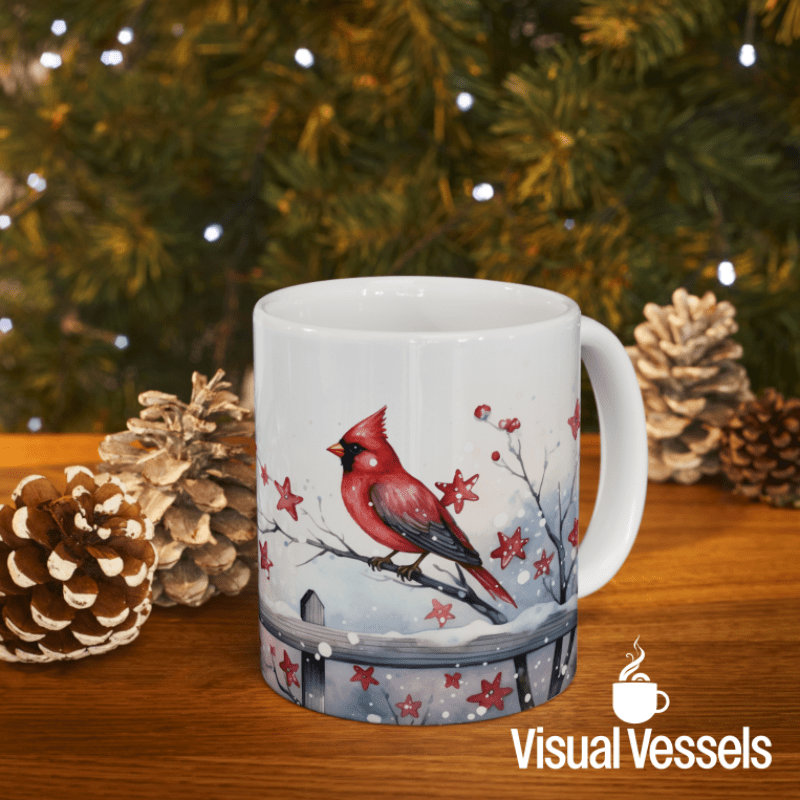 Printify Mug 11oz Cardinals and Stars Ceramic Mug / Teacup 11oz