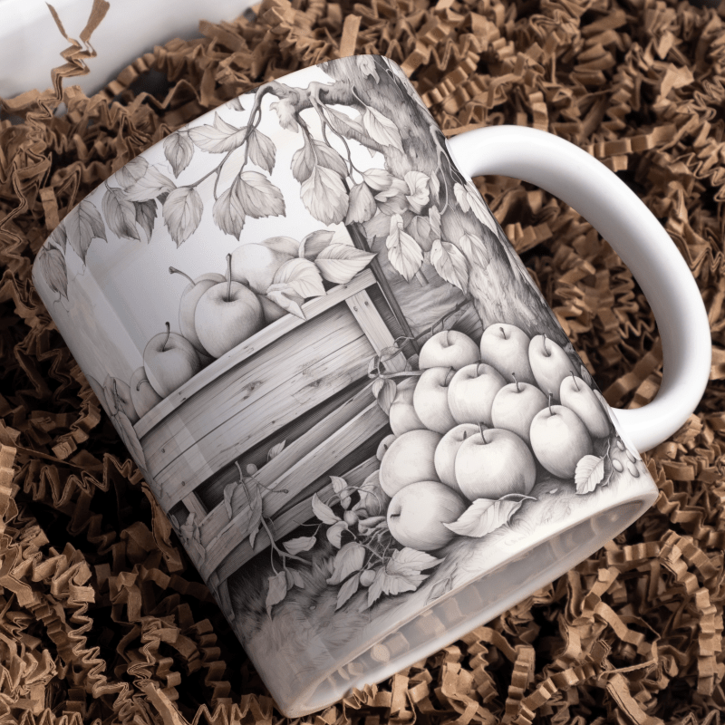 Printify Mug 11oz Monochrome Apple Orchard Ceramic Mug / Teacup 11oz