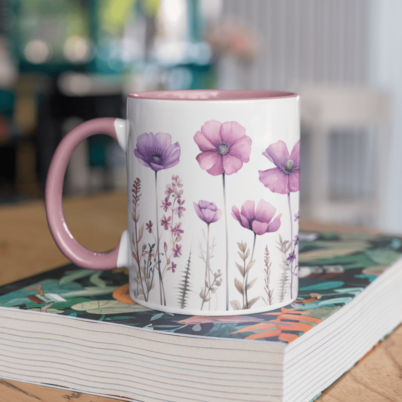 Printify Mug Pretty in Pink Wildflowers, Pink and white Ceramic Two-Tone Coffee Mug / Teacup 11oz & 15oz