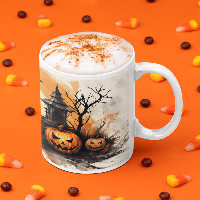 Printify Mugs 11oz Spooky Jack-o'-Lantern White Ceramic Mug / Teacup 11oz