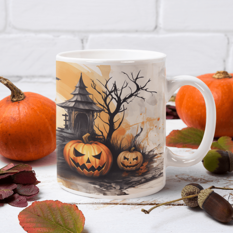 Printify Mugs 11oz Spooky Jack-o'-Lantern White Ceramic Mug / Teacup 11oz